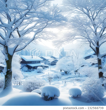 snow-covered houses on the edge of the forest, village landscape in the snow, winter landscape, village covered with snow 132568739