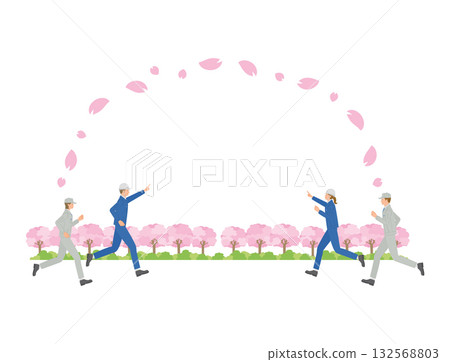 People in work clothes running under cherry blossoms - an image of the new year and teamwork People in work clothes running under cherry blossoms - an image of the new year and teamwork 132568803