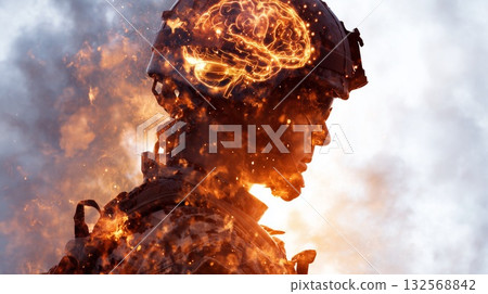 Soldier in combat gear with fiery brain symbol representing strength and resilience during battle 132568842