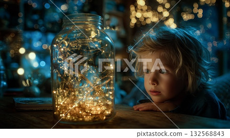Child gazes at glowing fairy lights in jar during a cozy winter evening at home 132568843