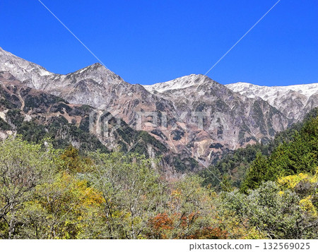 Autumn foliage and snow-capped mountains of the Northern Alps Autumn foliage and snow-capped mountains of the Northern Alps 132569025