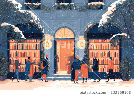 Winter scene with diverse people browsing books outside a cozy bookstore in a snowy setting Winter scene with diverse people browsing books outside a cozy bookstore in a snowy setting 132569108