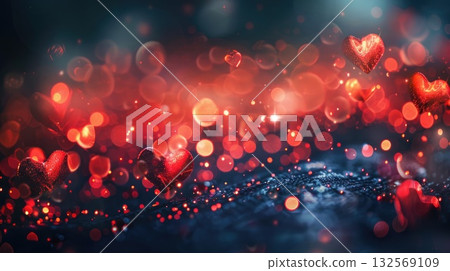 Red hearts and glowing bokeh lights create a romantic atmosphere for love-themed designs 132569109