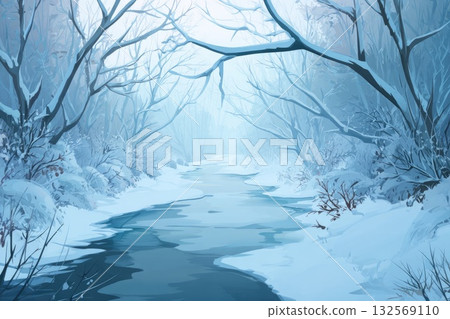 Serene winter landscape with a tranquil river flowing through snow-covered trees and fog Serene winter landscape with a tranquil river flowing through snow-covered trees and fog 132569110