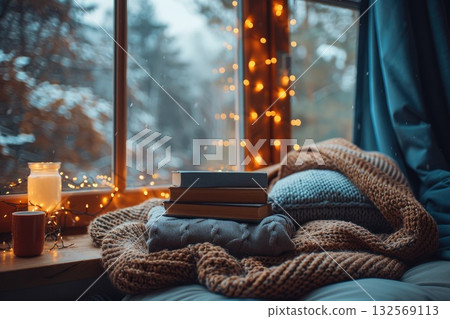 Cozy reading nook with stacked books, warm blanket, and soft lighting by the window Cozy reading nook with stacked books, warm blanket, and soft lighting by the window 132569113