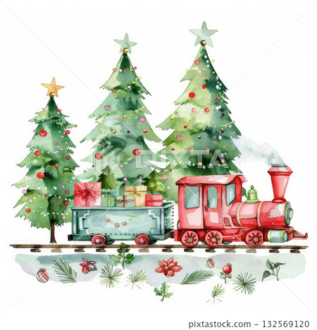 Festive red train with gifts and decorated Christmas trees in a whimsical winter landscape Festive red train with gifts and decorated Christmas trees in a whimsical winter landscape 132569120