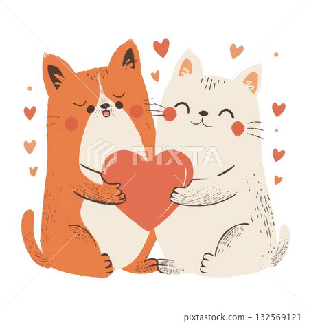 Cute cats holding heart in a playful illustration with hearts surrounding them Cute cats holding heart in a playful illustration with hearts surrounding them 132569121