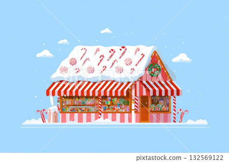Colorful candy shop illustration with snow-covered roof and festive decorations for winter season Colorful candy shop illustration with snow-covered roof and festive decorations for winter season 132569122