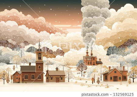 Winter landscape illustration featuring snowy village, church, and factory with smoke in the sky 132569125
