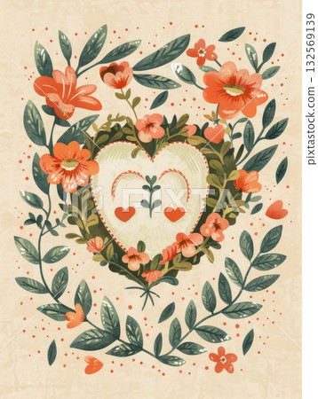 Floral heart illustration with vibrant flowers and leaves on a textured background Floral heart illustration with vibrant flowers and leaves on a textured background 132569139