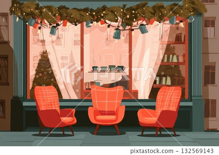 Cozy cafe window with festive decorations and three orange armchairs inviting relaxation Cozy cafe window with festive decorations and three orange armchairs inviting relaxation 132569143