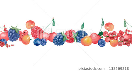 Watercolor seamless berry border, summer ornament isolated on white 132569218