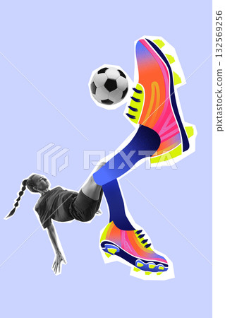 Handmade collage art. Female football player performing bicycle kick with colorful cleats on blue background Handmade collage art. Female football player performing bicycle kick with colorful cleats on blue background 132569256