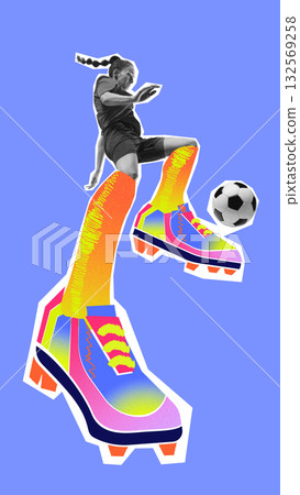 Modern artwork. Female athlete controlling soccer ball with oversized colorful cleats on blue background Modern artwork. Female athlete controlling soccer ball with oversized colorful cleats on blue background 132569258