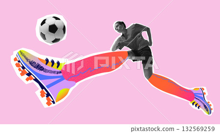 Trendy collage. Woman football player striking ball with dynamic colorful cleats on pink background Trendy collage. Woman football player striking ball with dynamic colorful cleats on pink background 132569259