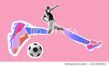 Graphic composition. Female athlete kicking soccer ball wearing neon cleats on pink background 132569261