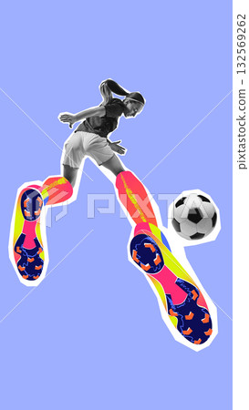 Female football player running toward ball in colorful motion collage on blue background Female football player running toward ball in colorful motion collage on blue background 132569262
