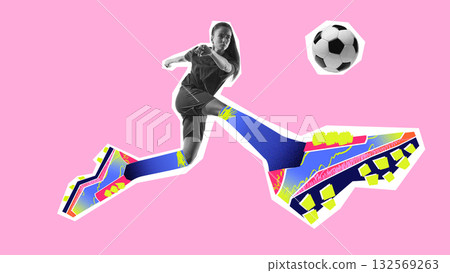 Creative digital artwork. Soccer player striking ball in action with vibrant cleats on pink background Creative digital artwork. Soccer player striking ball in action with vibrant cleats on pink background 132569263
