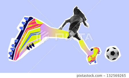 Creative collage. Female football player kicking ball with colorful oversized cleats on blue background Creative collage. Female football player kicking ball with colorful oversized cleats on blue background 132569265