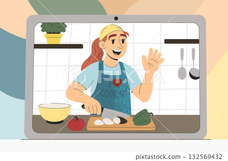 Cooking blogger woman recording recipe video for online channel and social media Cooking blogger woman recording recipe video for online channel and social media 132569432