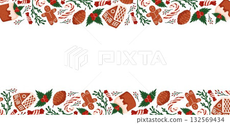 Festive border frame with gingerbread cookie, candy cane, pine cone, holly and Christmas cake on a white background in flat style. Design for holiday celebration card and bakery seasonal wallpaper. 132569434