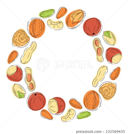 Circular wreath with nut, almond, cashew, peanut, walnut, hazelnut, pistachio, macadamia and pecan in flat style. Design for food store card. Circular wreath with nut, almond, cashew, peanut, walnut, hazelnut, pistachio, macadamia and pecan in flat style. Design for food store card. 132569435