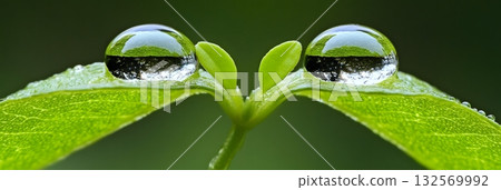 Two Dewdrops on Vibrant Green Leaf Nature Photography Macro Shot Wet Pure Life Plant Fresh Clean 132569992