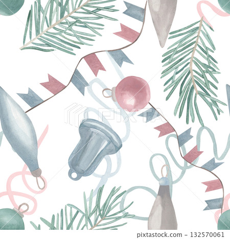 Watercolor hand drawn seamless pattern of Christmas toys balls, spruce branch, streamer tape and garland. For invitations, cards, posters, seasonal decor, winter poster, New year wrapping paper Watercolor hand drawn seamless pattern of Christmas toys balls, spruce branch, streamer tape and garland. For invitations, cards, posters, seasonal decor, winter poster, New year wrapping paper 132570061