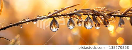 Golden Hour Dewdrops on Branch Nature Photography Macro Shot Pure Plant Water Image Light Bokeh 132570268