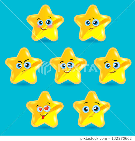 Funny cartoon star character emotions set, vector stars icons. Cute cartoon star emoji set. Vector collection of different emoticons. 132570662