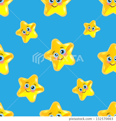 Cute smiling stars pattern. Vector background for baby and kids design. Sweet Cartoon Stars with Funny Faces. Yellow Happy Stars on a Blue Background. 132570663