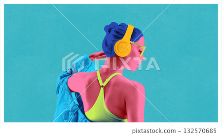 Pop art collage. Woman with yellow headphones and neon outfit turning back in retro futurism. Pop art collage. Woman with yellow headphones and neon outfit turning back in retro futurism. 132570685
