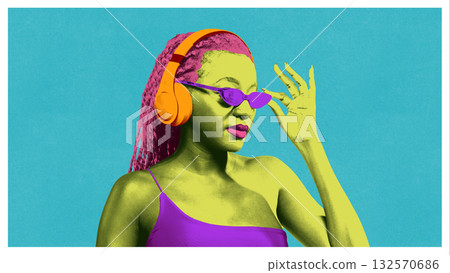Woman with orange headphones and purple glasses posing in retro futurism composition 132570686