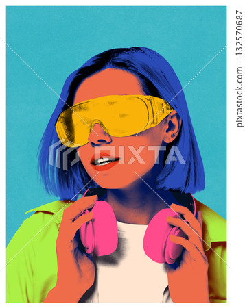Bold colorful poster. Stylish woman with yellow visor and pink headphones in retro futurism portrait aesthetic Bold colorful poster. Stylish woman with yellow visor and pink headphones in retro futurism portrait aesthetic 132570687