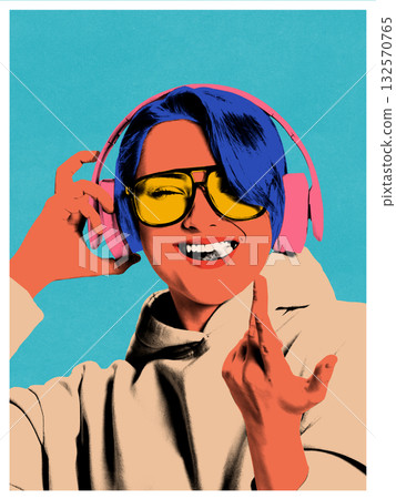 Pop art collage. Smiling woman in headphones with yellow glasses in retro futurism style on cyan background. Pop art collage. Smiling woman in headphones with yellow glasses in retro futurism style on cyan background. 132570765