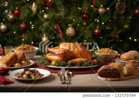 Christmas meal with a golden brown baked turkey, a variety of salads, cakes and assortment of freshly baked Christmas meal with a golden brown baked turkey, a variety of salads, cakes and assortment of freshly baked 132570784