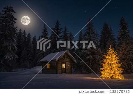 An illuminated wooden hut with illuminated Christmas tree and pine tree forest on snowy ground in full moon night. An illuminated wooden hut with illuminated Christmas tree and pine tree forest on snowy ground in full moon night. 132570785
