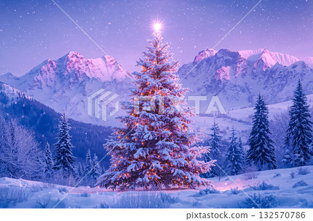 An illuminated christmas tree in the mountain with snow covered peak and forest of pine tree in winter season. An illuminated christmas tree in the mountain with snow covered peak and forest of pine tree in winter season. 132570786