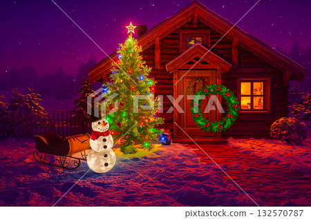 An illuminated wooden house, Christmas tree, small sledge and snowman on the snowy ground in the night. An illuminated wooden house, Christmas tree, small sledge and snowman on the snowy ground in the night. 132570787