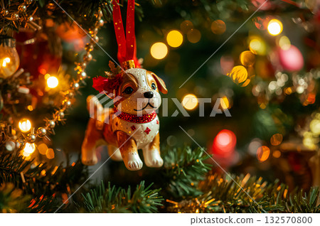 Closeup of Christmas dog ornament on Illuminated Christmas tree with yellow bokeh. 132570800