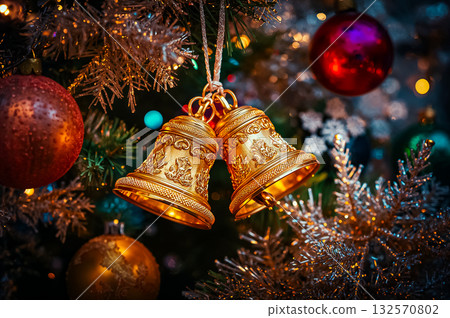 Closeup of beautiful gold Christmas bells with illuminated Christmas tree and colorful ornaments.. 132570802