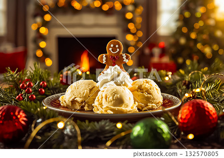 Closeup scoops of vanilla ice cream topped with whipped cream and a gingerbread man, surrounded by festive christmas decorations. 132570805