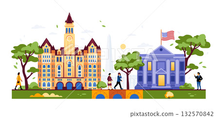 Bank And Old Post Office - Colorful Flat Design Illustration 132570842