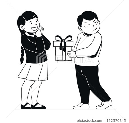 Boy Giving Present - Black and White Flat Design Illustration Boy Giving Present - Black and White Flat Design Illustration 132570845