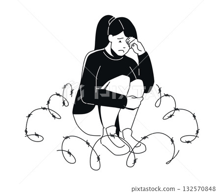 Lonely Girl - Black and White Flat Design Illustration 132570848