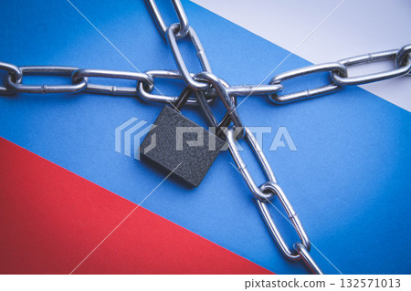 Flag of Russia and a chain with a lock. Country blocking. Prohibited. Flag of Russia and a chain with a lock. Country blocking. Prohibited. 132571013