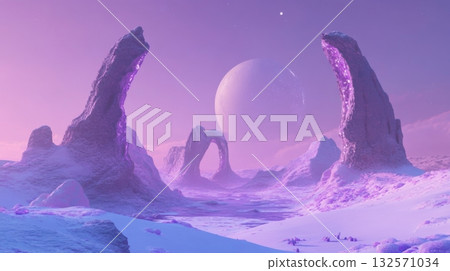 Stylized alien planet with unusual rock arches and glowing mineral formations under surreal lighting 132571034