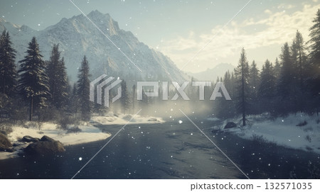 Winter mountain valley snowstorm with snow-covered pine trees and partially frozen river 132571035