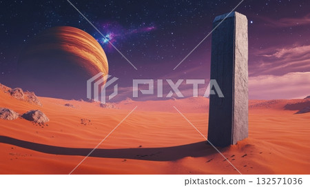 Sci-fi alien desert with massive ringed planet in the atmosphere and a buried futuristic monolith 132571036