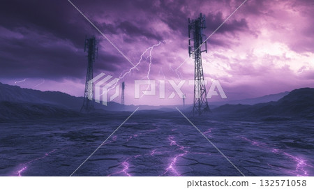 Futuristic desert landscape with alien communication towers under stormy purple sky 132571058